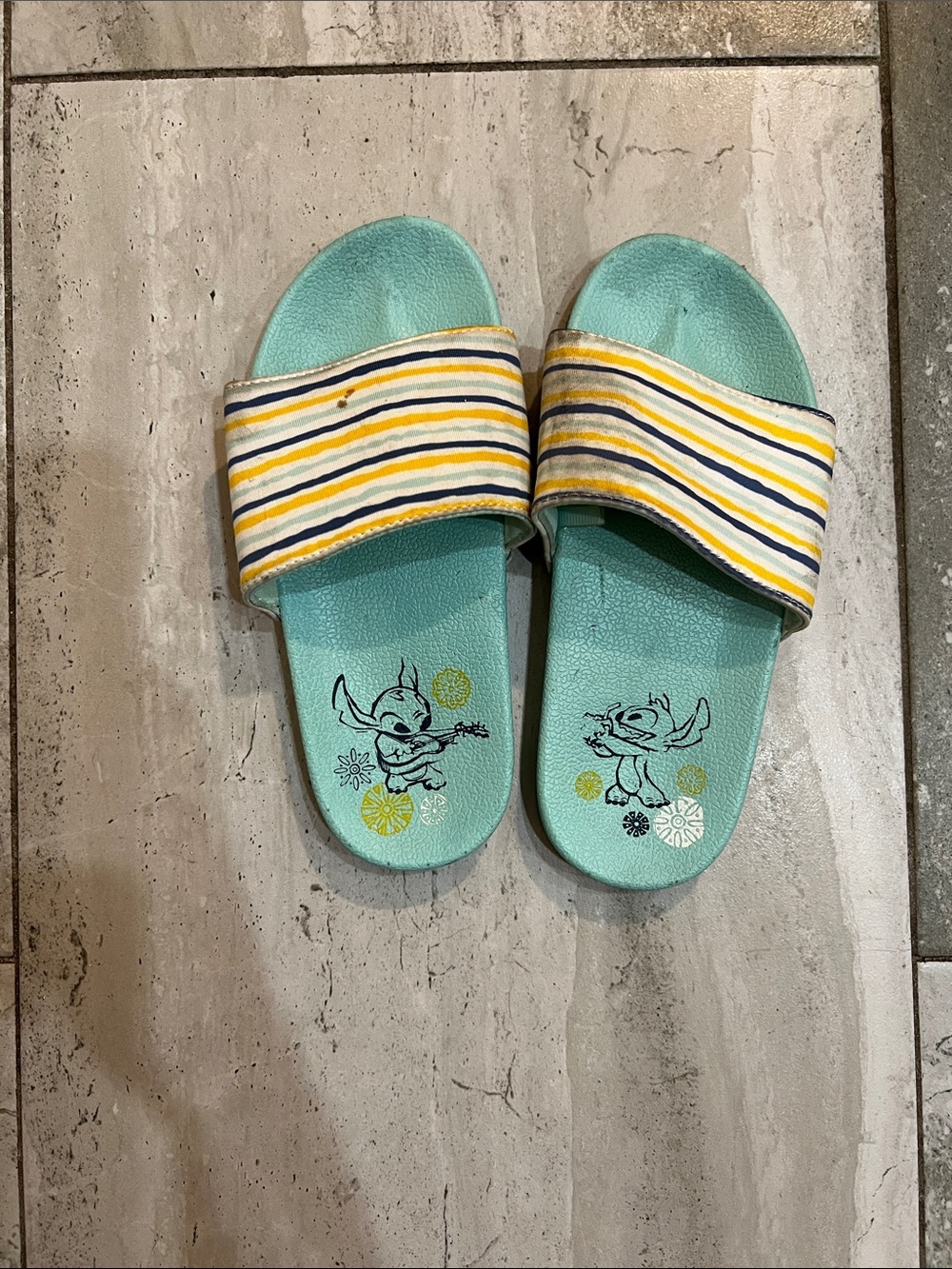 Disney Stitch Aqua Slide Sandals with Yellow & Navy Stripe Strap